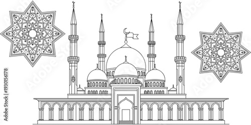 Islamic mosque building outline with intricate mandala geometric stars vector illustration for ramadan kareem and eid festival coloring book or greeting card.