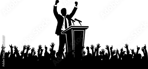 Politician silhouette giving speech on podium with raised hands celebrating victory in front of cheering crowd, election campaign, leadership, black vector.