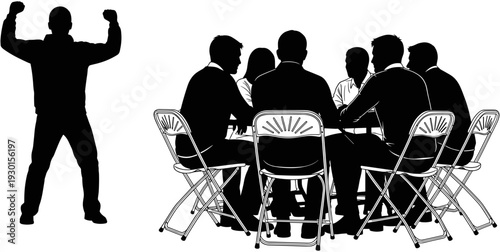 Business success silhouette showing leader celebrating victory with group of colleagues sitting at round table for meeting, teamwork achievement, black vector.