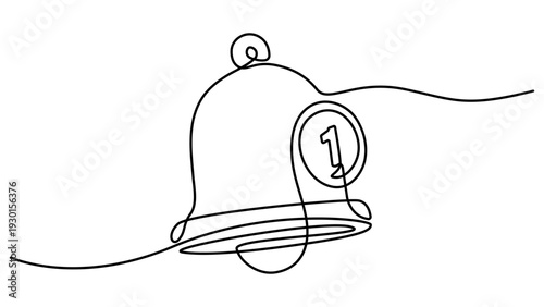 Continuous line drawing bell icon with notification badge showing number one. Bell line art. Notification continuous one line drawing.  Security Alert. Editable vector