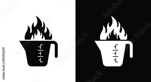 Two contrasting icons of a measuring cup with flames, symbolizing heat or intense cooking, presented in black and white.
