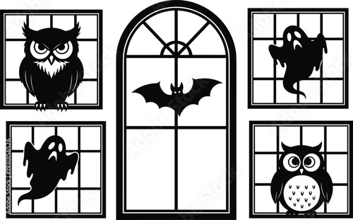 Black vector silhouette set of spooky owls ghosts and a bat in windows for Halloween holiday party home decor branding,