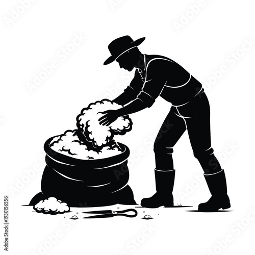 Man harvesting cotton with sack and scissors