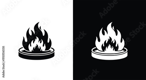 Monochromatic vector illustration of a stylized fire burning in a circular pit, presented as a black icon on white and a white icon on black.