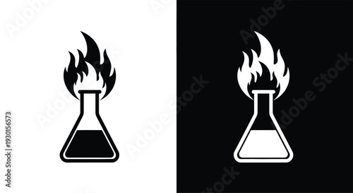 Flammable chemical flask icon set in black and white, representing hazardous materials and laboratory safety.