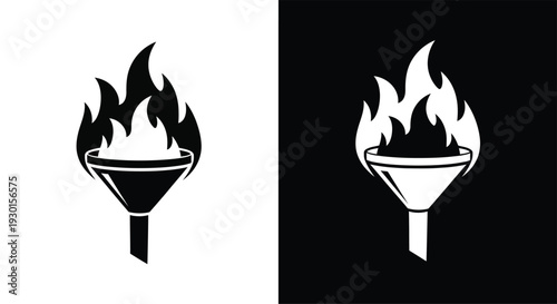Monochromatic logo design featuring a stylized funnel with flames, presented in both black-on-white and white-on-black versions, symbolizing hot leads or efficient processing.