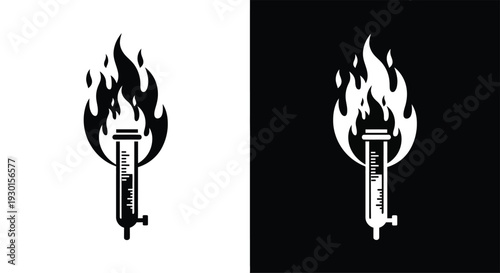 A black and white logo featuring a test tube with a spigot at the bottom, engulfed in stylized flames, presented on a white background.