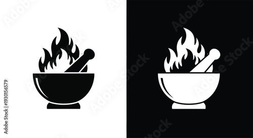 Black and white vector icons of a mortar and pestle with flames, symbolizing alchemy, magic, or powerful concoctions.
