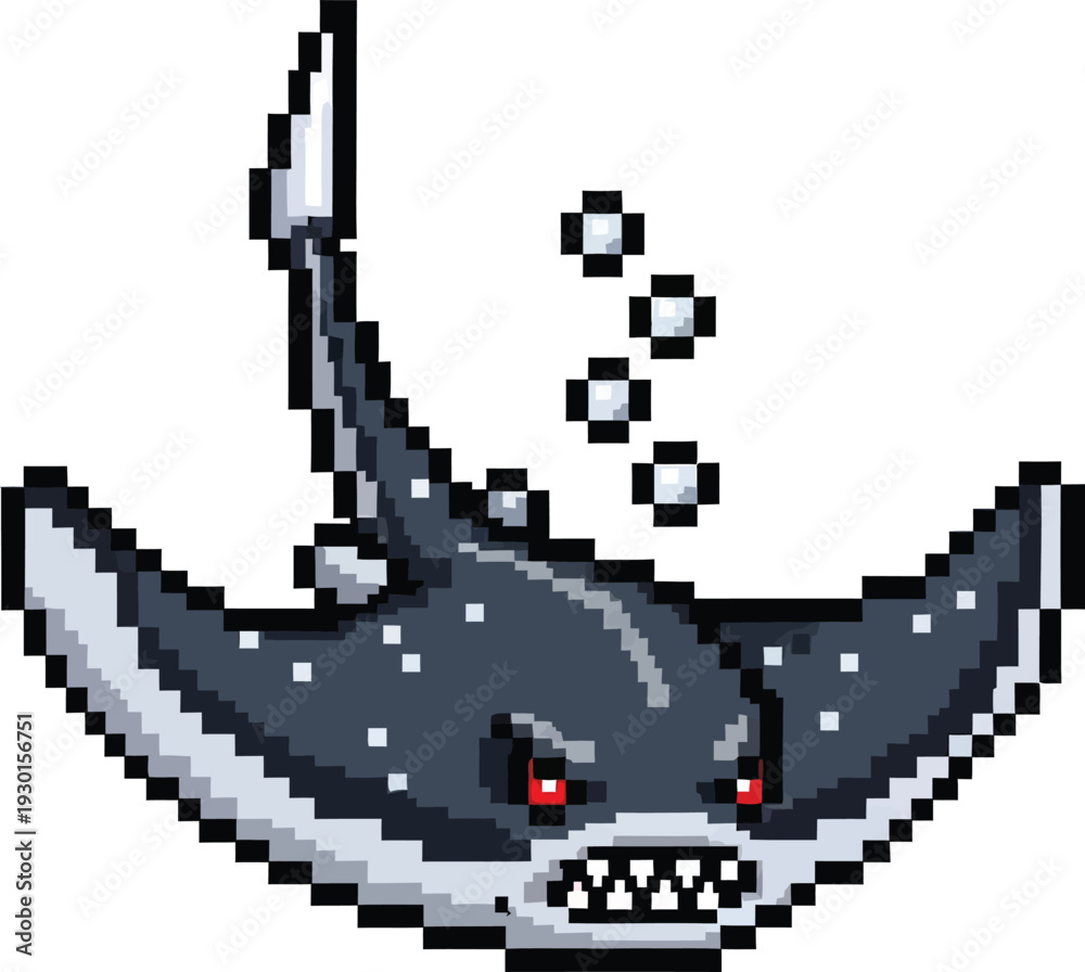 Fototapeta premium Pixel art illustration of an angry, dark grey stingray with red eyes and sharp teeth, swimming underwater with bubbles.