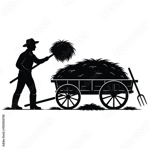 Farmer loading hay into wooden cart silhouette
