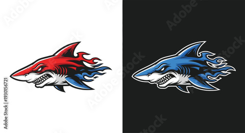 Two dynamic shark illustrations, one red and blue on white, the other blue on dark, both with fiery tails.