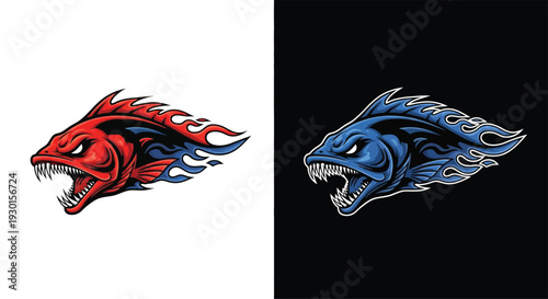 Aggressive stylized fish mascots, one red with blue flames on white, the other blue with dark flames on black, conveying speed and power.