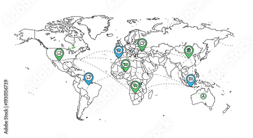 World Map with Location Pins Marked.