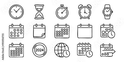 Collection of time and calendar icons in a flat design style on a clean white background