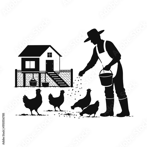 Farmer Feeding Chickens Near Coop Silhouette