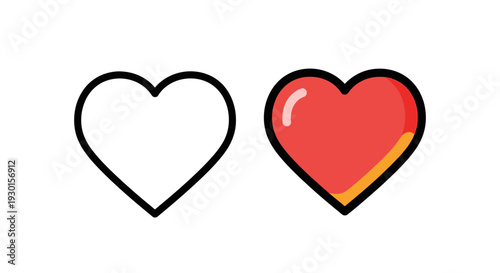 Two contrasting heart icons illustrating social media engagement, one outlined as an empty symbol for an unliked item and the other vibrant red, signifying a liked or favorite selection.