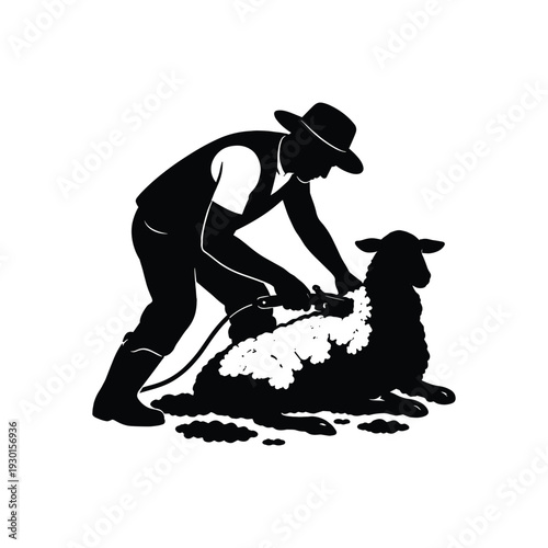 Silhouette of farmer shearing sheep with clippers