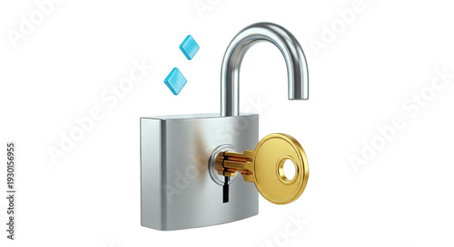 Unlocked Padlock with Golden Key and Blue Diamonds