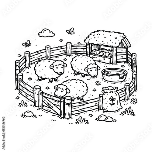 Sheep in Wooden Fence Pen with Feeding Shelter