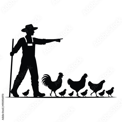 Silhouette of farmer with chickens and chicks