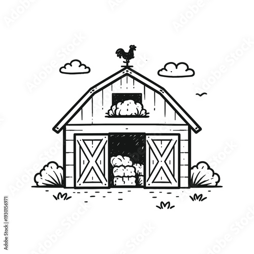 Farm barn with hay bales and weather vane