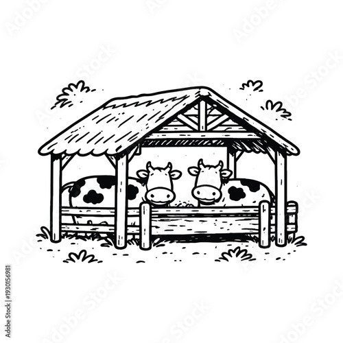 Two cows standing in wooden farm shelter black and white drawing