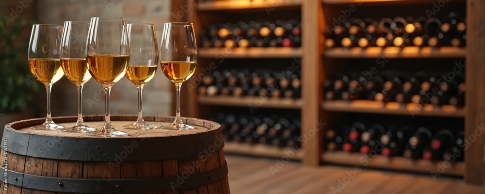 Naklejka premium Four wine glasses filled with golden beverage rest on old wooden barrel. Bottles line shelves in background of winery cellar. Experience luxury wine tasting.