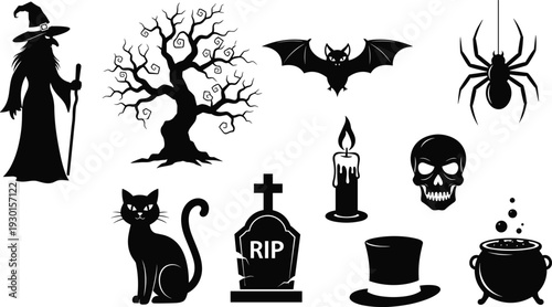 Halloween silhouette set witch bat skull spider grave spooky icons collection vector