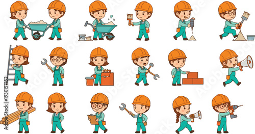 Construction Worker Characters Set with Tools Helmet and Different Building Activities Cartoon Vector Illustration Collection