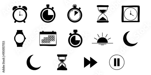 A collection of time and schedule related icons displayed on a clean white background from a straightforward viewpoint