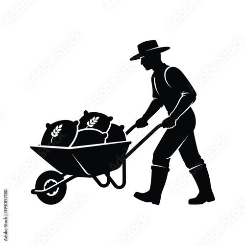Farmer pushing wheelbarrow with grain sacks silhouette