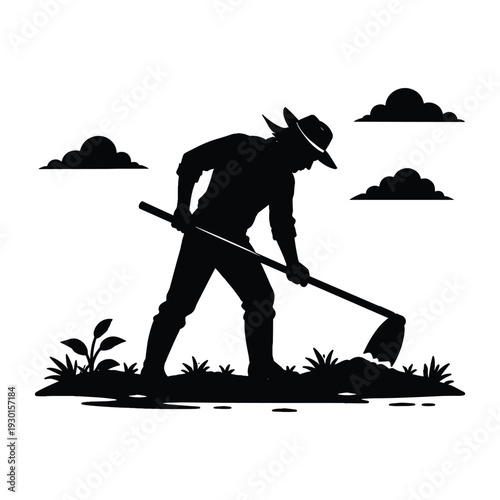 Silhouette of Farmer Digging Soil with Hoe