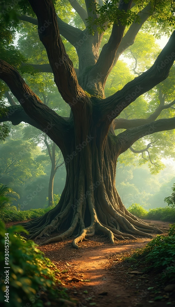 Fototapeta premium Massive ancient with thick exposed roots on a forest path. Sunlight filters through green leaves creating dappled light. Rich vegetation surrounds the old giant.