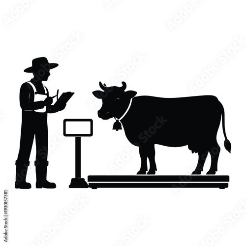 Farmer weighing cow on digital scale silhouette