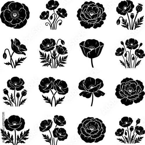 16 Premium Black Poppy Flower Icons - Wedding & Botanical Graphic Elements. Vector Illustration. Design Element. Clip art. Suitable for artwork design. Editable for any design.