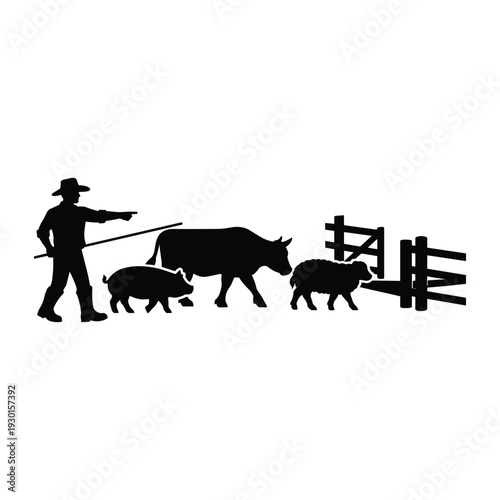 Farmer herding livestock animals towards gate silhouette