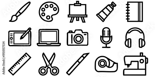 Collection of creative tools and equipment for artistic expression and design displayed on a clean white background