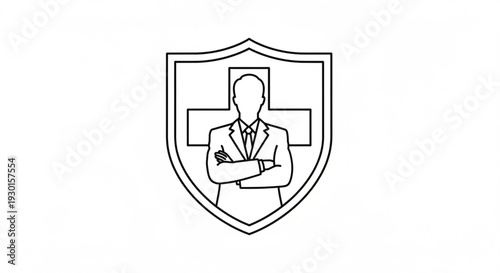 Professional Doctor Standing Confidently Inside Shield Icon with Cross Symbol Behind, Representing Protection and Medical Care in Simple Line Art Illustration