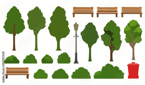 Public Park Nature and Furniture Elements Vector Collection for Urban Landscape Design