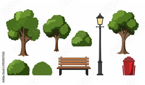 City Public Park Elements Collection with Trees Bench Lamp and Trash Bin Vector Set