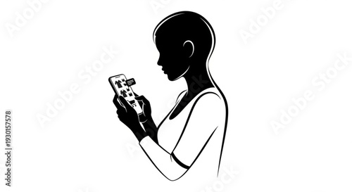 Illustration of a woman using a mobile phone in a simple, modern style from a side view