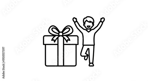 A person jumping with joy beside a wrapped gift box, celebrating a special occasion with excitement and enthusiasm.