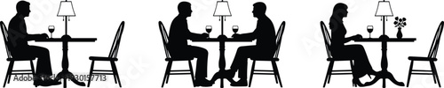 Silhouette people dining, restaurant conversation, social interaction, couples talking, wine glasses, lamps, café atmosphere, relationship communication, lifestyle illustration, teamwork concept