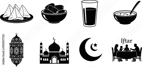 Ramadan Iftar set icons featuring dates samosa mosque lantern family eating and crescent moon silhouette for islamic holiday celebration vector illustration.