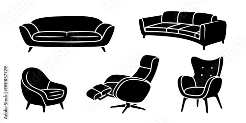 A set of modern furniture pieces including sofas and chairs in various designs illustrated in a minimalist style