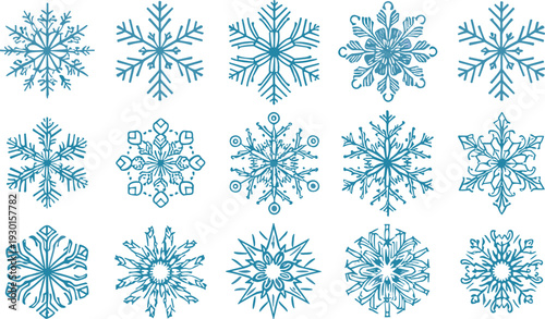 Snowflake vector set, winter holiday crystal illustration collection, decorative frozen ornament design elements bundle