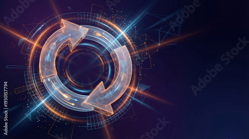 GDPR data protection and compliance concept featuring a glowing circular arrow and abstract digital network, symbolizing continuous data privacy, secure processing, and regulatory compliance.