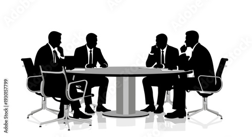 Businessmen in suits sitting around a round table in a professional meeting silhouette vector illustration for corporate teamwork and boardroom discussions.