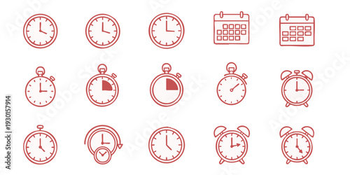 Collection of red clock icons in various styles on white