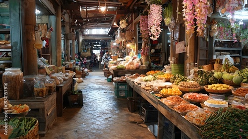 Authentic Local Traditional Market with Hanging Flowers and Fresh Produce
